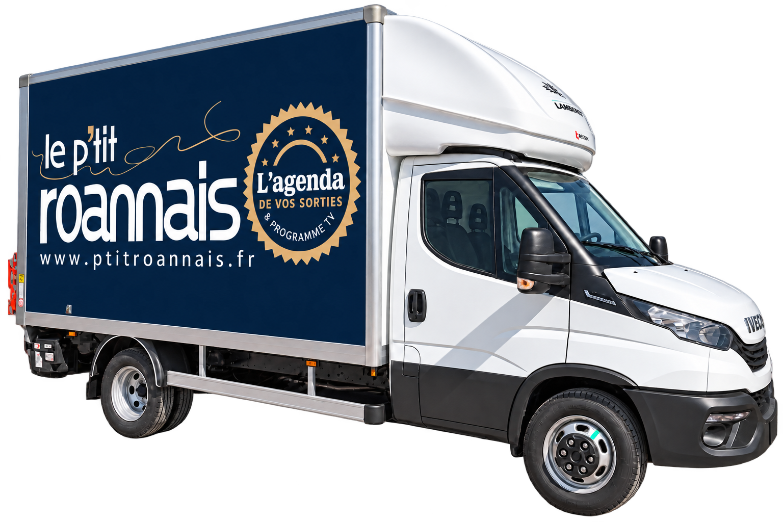 Camion Le P'tit Roannais marqué par Soropub